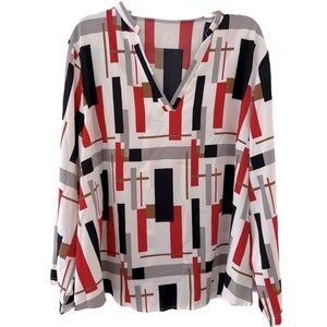 Women’s Plus Size Geometric Print V-Neck Notched Long Sleeve 3/4 Blouse Top